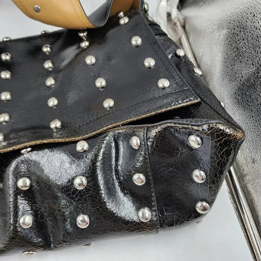 Alexander McQueen Crackled Leather Messenger Bag Men's L Black/Caramel/Silver